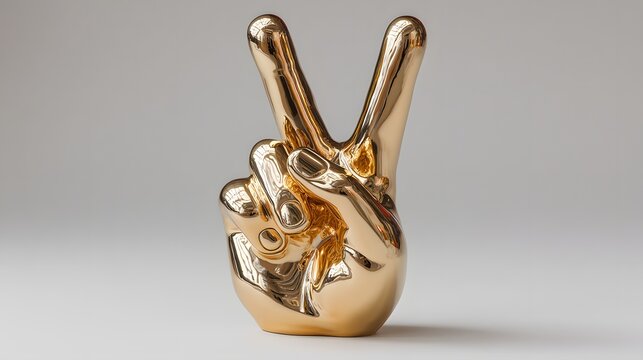 Shiny golden hand sculpture making a universally recognized gesture of concord or triumph