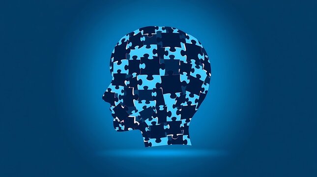 Human head silhouette made of puzzle pieces on blue