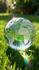 Obraz premium Transparent globe resting on grass with sunlight creating rainbow reflections