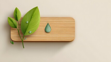 Obraz premium Vibrant green foliage and a solitary water droplet rest upon a natural wooden surface