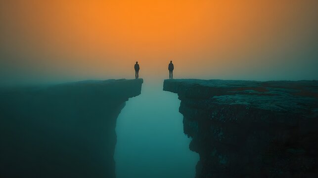 Two solitary figures stand on opposite sides of a deep chasm at twilight