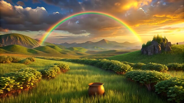 Pot of Gold Under a Vivid Rainbow Arching Over Lush Green Rolling Hills