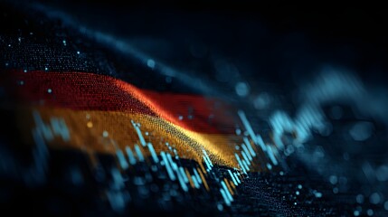 Digital rendering displays national flag colors interwoven with dynamic financial data streams