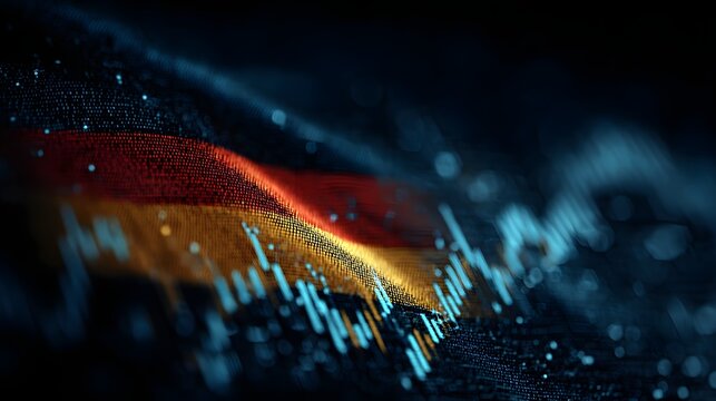 Digital rendering displays national flag colors interwoven with dynamic financial data streams