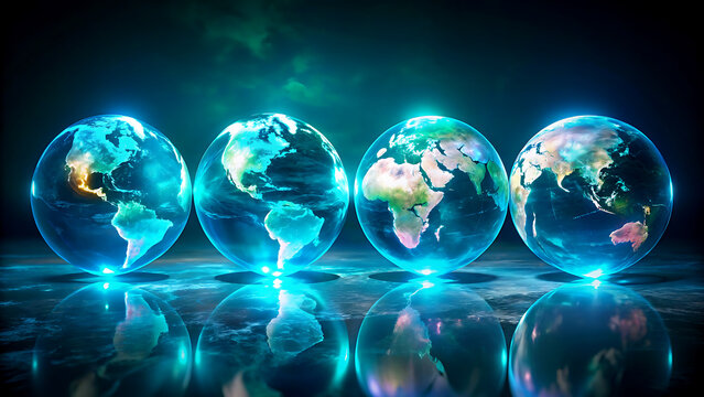 Four glowing globe spheres showcasing different continents ideal for illustrating global connectivity and environmental awareness