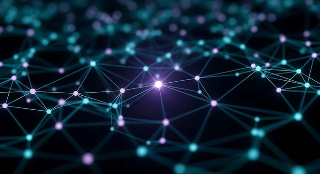 Captivating abstract technology background showcasing a vibrant digital network of interconnected glowing nodes, symbolizing data, AI, and global communication