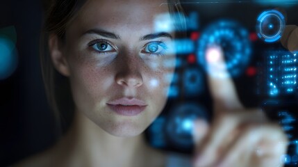 Young woman interacts directly with glowing digital interface elements in a dark setting