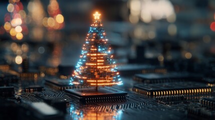 Miniature glowing Christmas tree adorned with lights on circuit board, creates a festive tech scene, concept for holiday themed electronics, technological innovation and future celebrations