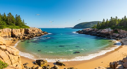 Beautiful panoramic view of Sand Beach in Acadia National Park, Maine, USA.