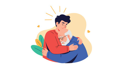 Obraz premium A younger man embraces an older man, showing love and support in a heartwarming moment of family connection.
