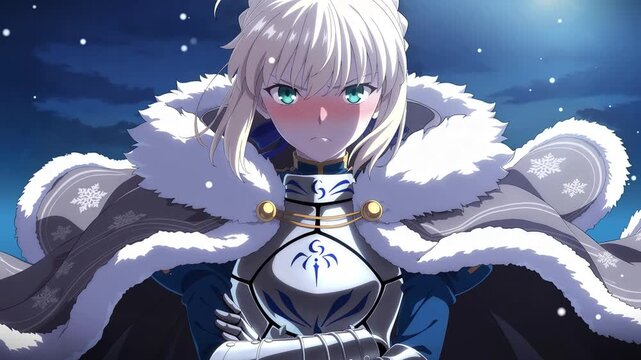 Anime girl dressed in armor and a warm fur coat, animated anime wallpaper for PC