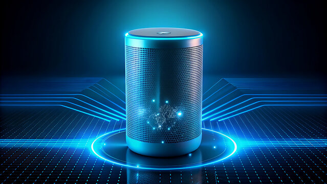 Smart speaker with glowing digital interface modern technology device for home automation and voice control on a blue circuit board background