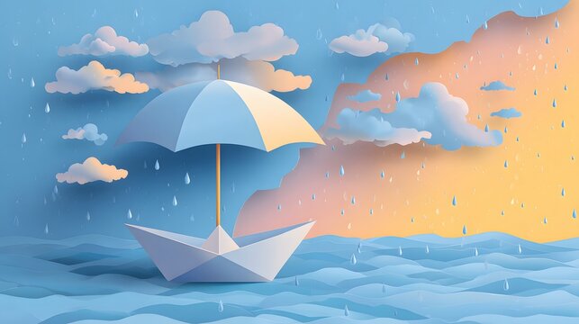 Papercraft scene depicts a small boat protected by an umbrella during a soft rain shower