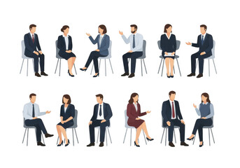 Business professionals engaged in interviews and discussions isolated on transparent background