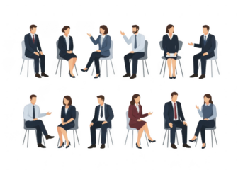 Business professionals engaged in interviews and discussions isolated on transparent background