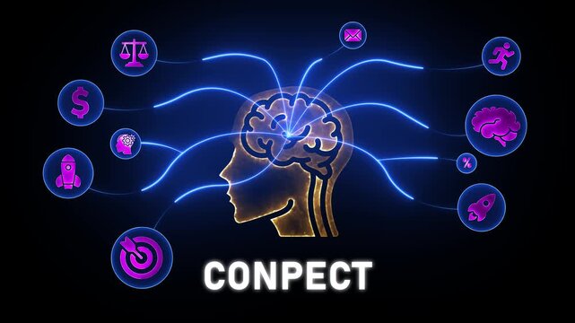 Conceptual brain with glowing connections and icons representing concepts head silhouette