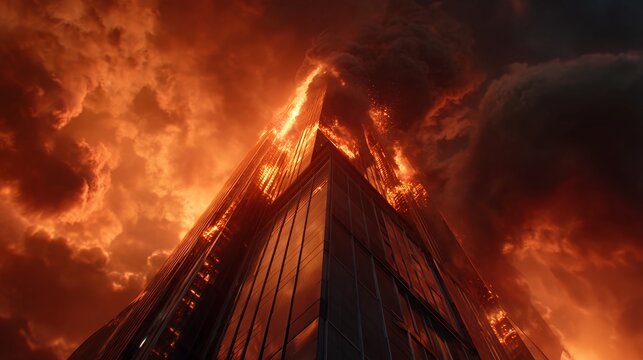 Dramatic low angle of burning building, with blazing flames and dark smoke against a fiery sky. concept for disaster scenarios, urban destruction and emergency response visuals