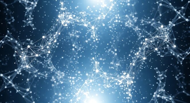 Abstract network of glowing nodes and lines against a dark blue, starry background, symbolizing connection and data flow