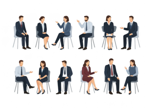 Business professionals engaged in interviews and discussions isolated on transparent background