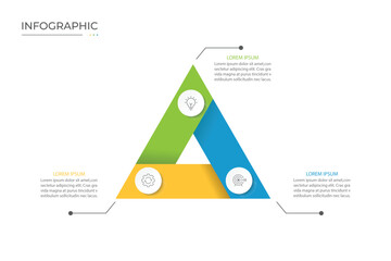 Triangle diagram with three elements. Cyclic business process concept with three stages. Minimalist infographic design template. Vector illustration.