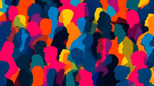 Diverse array of overlapping human silhouettes creates a vibrant composition of collective identity.