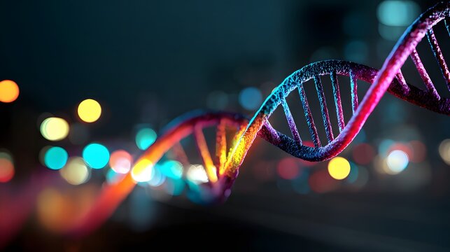 Three dimensional helix structure glows with vibrant neon illumination against a dark city background