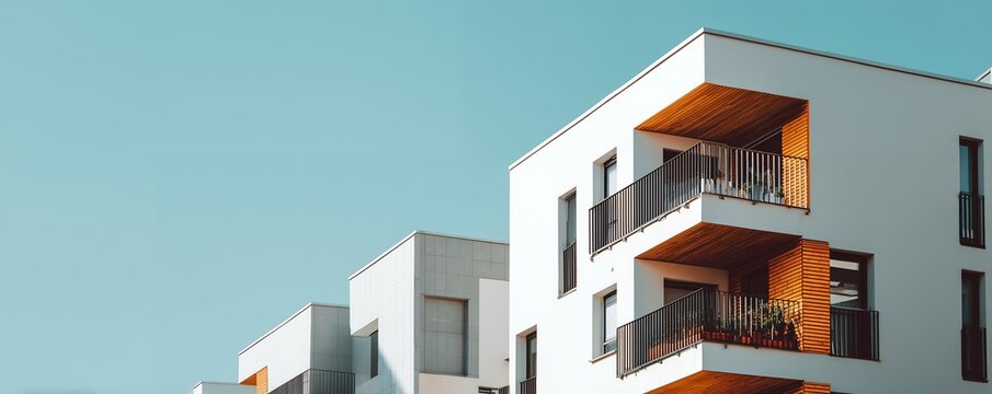 Modern white apartment building with balconies against a clear blue sky, concept for real estate marketing, architectural visualization and urban development planning