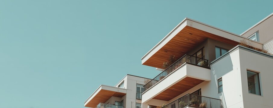 Modern building facade with geometric design and natural wood against light blue sky. Concept for urban development, contemporary architecture and real estate marketing