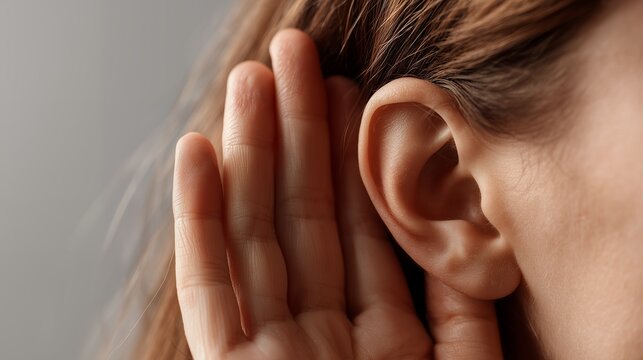 Close-up of a woman holding her hand to her ear as if listening intently. Concept for hearing health awareness, communication issues and medical diagnostic
