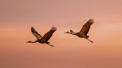 Obraz premium Two large wading birds glide across a pastel colored twilight sky