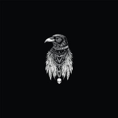 Fototapeta premium vintage engraving illustration of a raven or crow's head wearing ornate necklaces, beaded jewelry