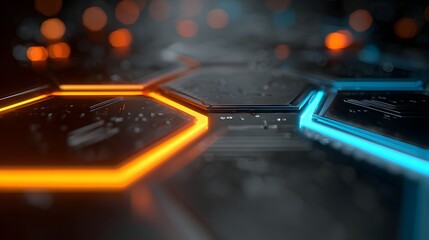 Illuminated hexagonal structures form a dynamic, futuristic technological surface pattern