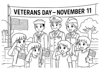 Fototapeta premium Veterans Day coloring pages for kids featuring soldiers, flags, and patriotic symbols. Perfect for classroom lessons, homeschool, or holiday crafts to honor heroes and learn about service.