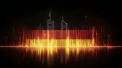 Illuminated cityscape graphic design overlays national colors and energy bars against a dark background
