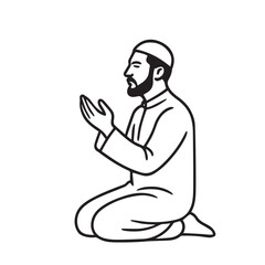 A simple black and white vector depicting a Muslim man sitting in prayer, highlighting faith, serenity, and worship in a minimalist spiritual composition.