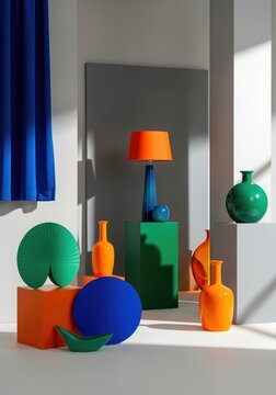 Still life arranges vibrant objects in a modern studio