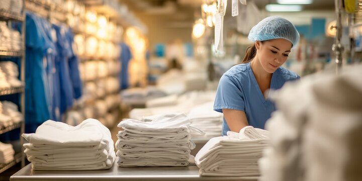 Young woman wearing scrubs sorting laundry in a commercial setting, concept for hygiene protocols, healthcare operations and hospitality management