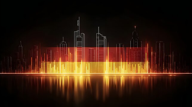 Illuminated cityscape graphic design overlays national colors and energy bars against a dark background