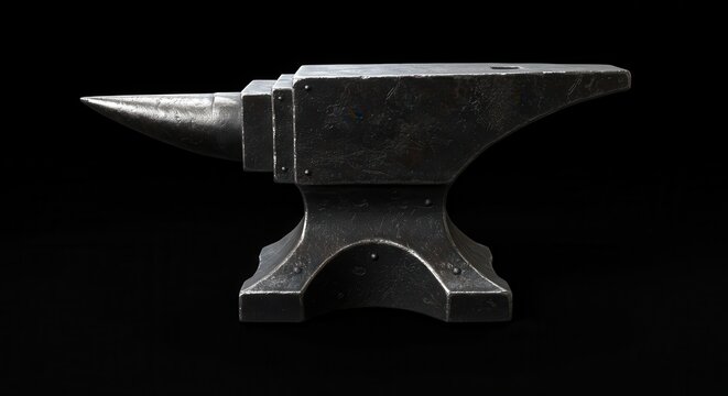 Heavy metal forging tool rests dramatically against a stark black background