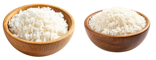 Cooked White Rice in Wooden Bowl Isolated on Plain Background