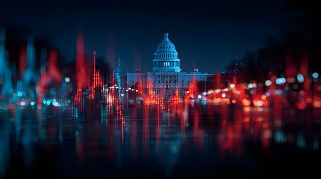 Illuminated neoclassical government building dome is visible through dynamic digital light streaks at night