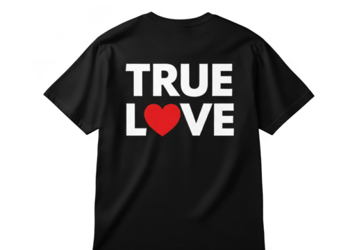 Black tshirt with bold true love and red heart graphic design isolated on transparent background