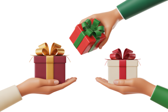 Hands exchanging vibrant gift boxes with elegant bows, perfect for celebrations, holidays, and special occasions, ideal for promotional materials