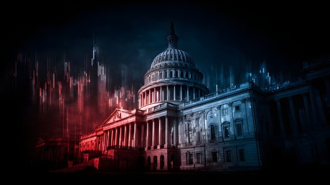 Imposing governmental edifice illuminated by contrasting red and blue financial data graphics under a dark sky