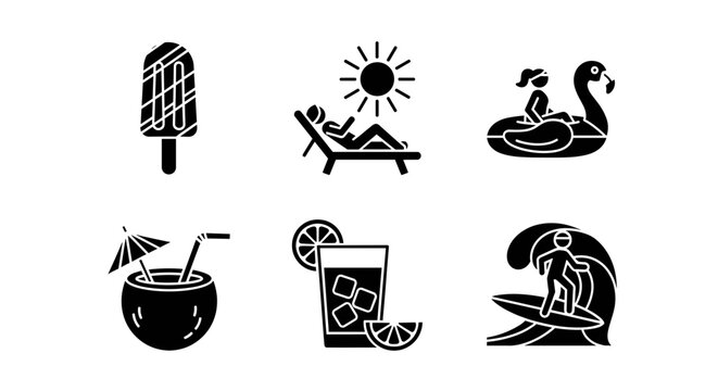 Vibrant summer icons capture beach fun, relaxation, refreshing drinks, and thrilling surf adventures for your next project.