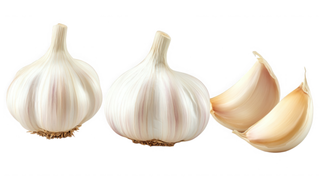 Three garlic bulbs and cloves isolated on transparent background for cooking use