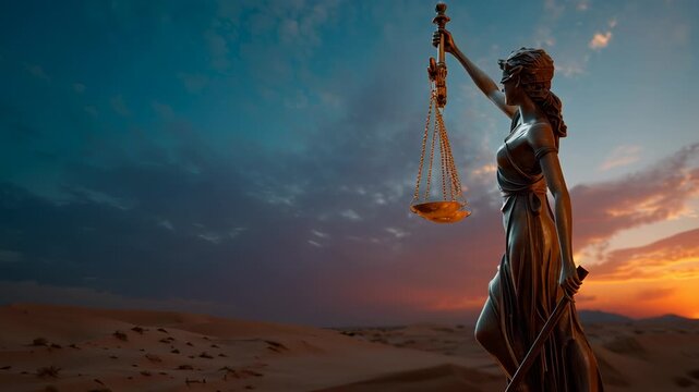 Lady justice statue holding scales and sword in desert at dramatic sunset conveying solemn balance and solitude