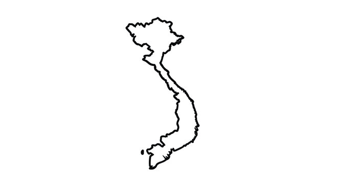 Minimalist black and white outline map depicting the borders and unique elongated S-shape of the Southeast Asian nation of Vietnam.