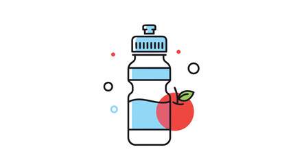 Stylized icon representing a healthy lifestyle with a water bottle and an apple, promoting hydration and nutritious eating.