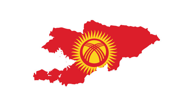 Map of Kyrgyzstan in the colors of its national flag, featuring the traditional tunduk symbol of a yurt.